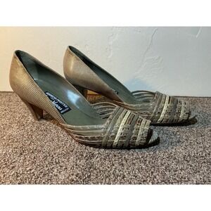 Andrea Pfister Olive Green Mock Snake Skin Open Toe Heels 8 Italian VINTAGE